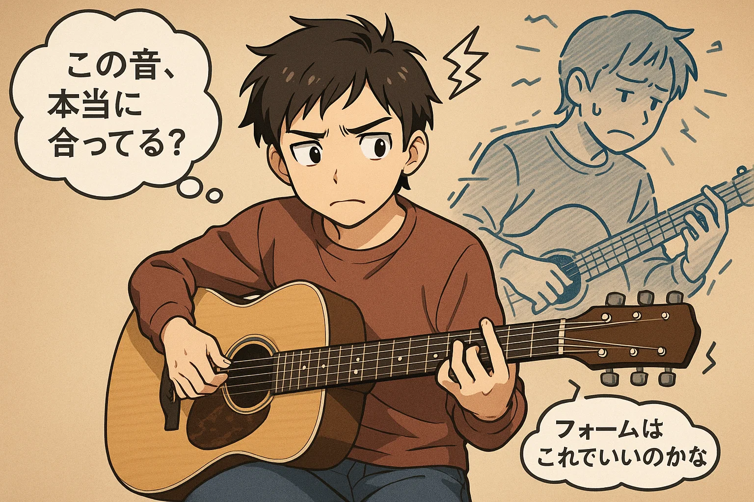 一人で練習し、自分の演奏に不安を感じるギタリスト